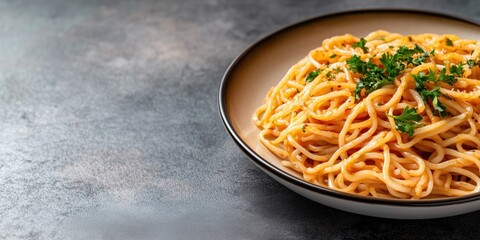 Fototapeta premium A timeless bowl of spaghetti topped with a rich and aromatic tomato sauce, garnished with fresh herbs, offering a comforting and hearty meal experience.