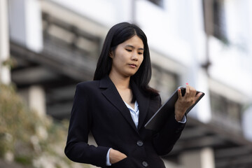 Future remote work combines technology smart phone digital business woman enable e-learning...