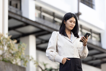 Future remote work combines technology smart phone connection online white digital business woman...