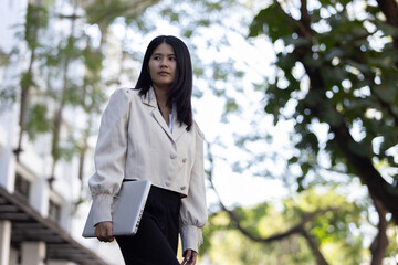 Future remote work combines technology smart phone connection online white digital business woman...