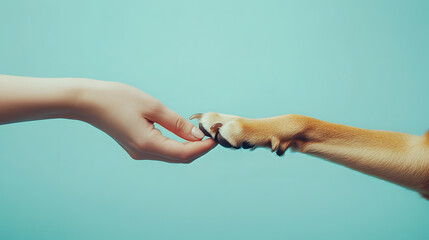 A friendly moment of shaking hands between humans and dogs 