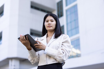 Future remote work combines technology smart phone connection online white digital business woman...