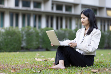 Future remote work combines technology smart phone connection online white digital business woman...
