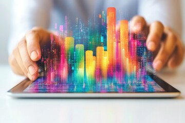 Hands interacting with holographic financial data