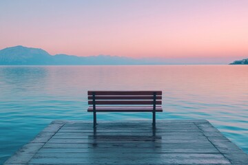 Empty wooden bench facing a calm lake with a misty atmosphere