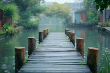 Naklejka premium Serene wooden pier stretching over a calm lake surrounded by greenery