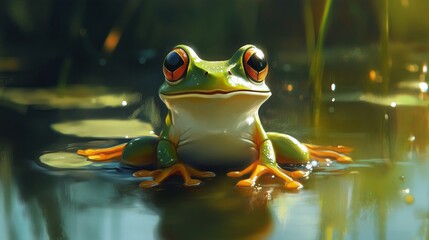 Green Frog in Aqua Habitat with Reflection