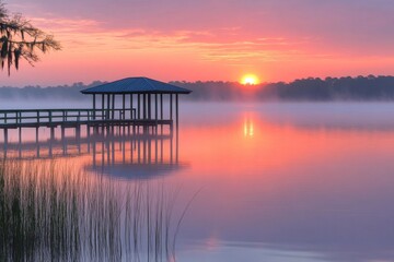 Obraz premium Serene lake at sunset with a wooden dock extending over calm water