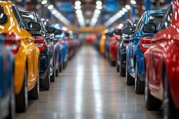Obraz premium Car factory production line with rows of vehicles in assembly