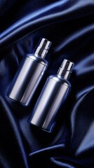 Elegant Silver Bottles on Flowing Blue Satin Backdrop Presentation Glamour and Stylish Still Life
