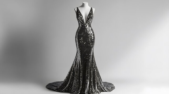 Elegant Gown: A stunning, black sequin gown, designed with a deep V-neckline and a mermaid silhouette, is beautifully displayed on a mannequin, exuding elegance and sophistication. 