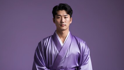 Obraz premium Portrait of a young man in a traditional purple kimono against a solid purple background, exuding confidence and cultural essence