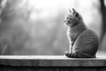 Black and white photograph of a cat sitting on a stone ledge