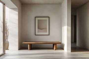 Fototapeta premium Minimalist modern interior with a bench and framed artwork on the wall