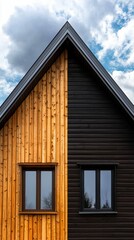 Facade of Modern House with Contrasting Wood Siding Under Cloudy Sky Architecture Exterior