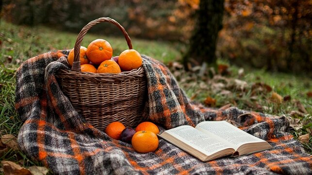 Autumn Picnic: Book, Basket, Oranges