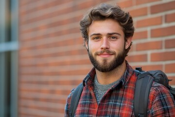 Portrait of a bearded young man standing in front of brick wall