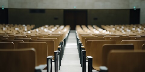 A spacious conference room features clean lines and rows of wooden chairs arranged perfectly, ready for a meeting, with a sense of calm and anticipation in the air.