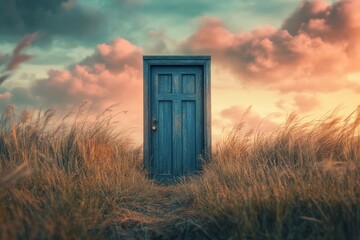 Mystical blue door standing alone in surreal grassy landscape