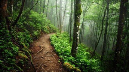 Obraz premium Misty forest path winding through lush greenery. (1)
