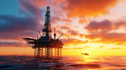 Obraz premium Offshore Oil Rig at Sunset with Helicopter Transporting Workers Exploration and Production