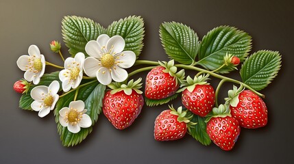 Ripe strawberries, blossoms, leaves, dark background, food design (1)