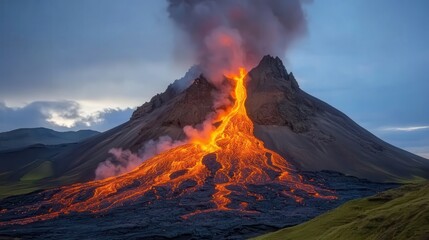 Fiery Volcanic Eruption at Night Glowing Lava Flows Down Dark Mountainside
