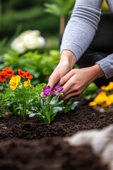 Fototapeta premium Closeup view of hands of gardener working in field planting flowers.