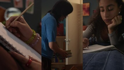 Diverse girls unpacking box, writing in notebook and preparing for exam in dormitory room, split screen