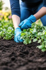 Fototapeta premium Closeup view of hands of gardener working in field planting flowers.