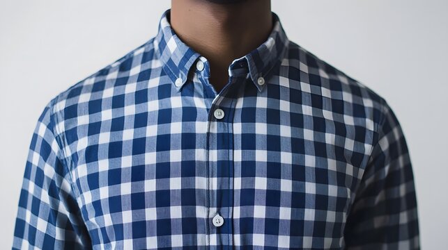 Plaid Shirt and Minimalistic Style: A detail shot of a classic plaid shirt on a person, the image focusing on textures, colors, and a clean, simplistic aesthetic.
