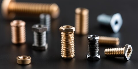A captivating arrangement of different metal fasteners including screws, bolts, and nuts, showcasing their unique textures and colors against a dark backdrop.