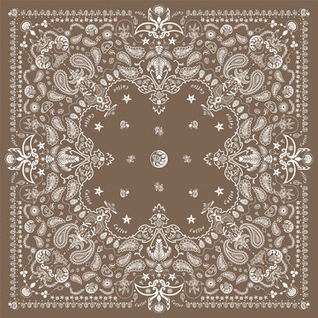 Coffee Bandana Print, paisley pattern. coffee, coffee beans, flowers, decorative geometric line ornament. Bandana pattern template. Silk neck scarf or kerchief square pattern design.