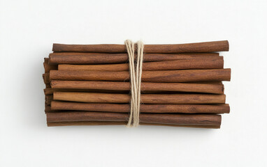 A bundle of cinnamon sticks tied with twine, showcasing their rich brown color and natural texture, ideal for cooking and aromatic uses.
