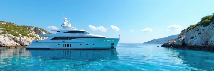 Naklejka premium Large yacht anchored in clear blue sea at Polperro harbour, anchor, marina, nautical