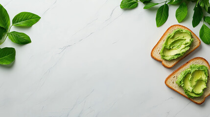Obraz premium Fresh avocado spread on toasted bread, garnished with green leaves, creating a healthy, minimalist aesthetic.