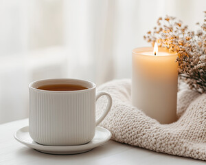 A cozy scene featuring a cup of tea, a lit candle, and delicate flowers, creating a warm and inviting atmosphere.