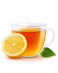 A steaming cup of lemon tea with a fresh lemon slice and green leaves, symbolizing warmth and refreshment.