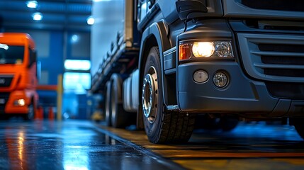 Obraz premium Trucks parked in a warehouse inspection bay