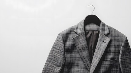 Elegant Suit Jacket on Hanger: A sophisticated gray suit jacket hangs poised on a stylish black hanger. Its tailored design suggests both business and sophistication.