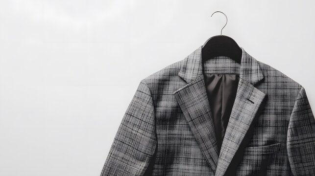 Elegant Suit Jacket on Hanger: A sophisticated gray suit jacket hangs poised on a stylish black hanger. Its tailored design suggests both business and sophistication.