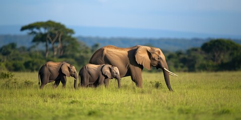 Fototapeta premium A heartwarming scene of a family of elephants peacefully grazing in a lush green field, representing kinship and the beauty of nature in its purest form.