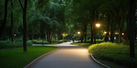 Obraz premium An inviting pathway in a lush park environment, softly lit by warm lights, creating a serene atmosphere perfect for leisurely strolls amidst nature's beauty.