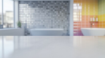 product display image of a light white table top,  slightly blurred, bathroom with light gray tile backsplash