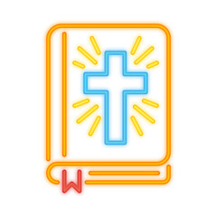 Fototapeta premium A vibrant neon illustration of a Bible with a glowing blue cross and radiant light rays, symbolizing faith, Christianity, and spirituality
