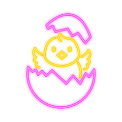 A glowing neon illustration of a cute yellow chick emerging from a cracked pink Easter egg, symbolizing spring, new life, and celebration