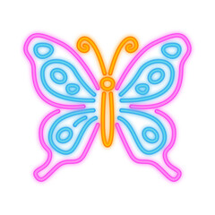 A vibrant neon illustration of a butterfly with glowing blue and pink wings and an orange body, symbolizing beauty, nature, and transformation