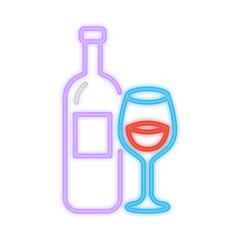 A glowing neon illustration of a wine bottle and a glass filled with red wine, symbolizing celebration, nightlife, and fine dining