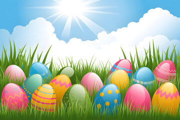 Easter Egg Hunt in a Lush Green Meadow with Sunny Sky