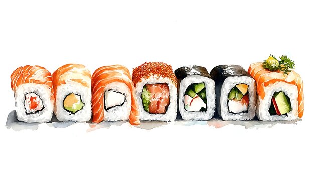 Colorful sushi rolls, watercolor style